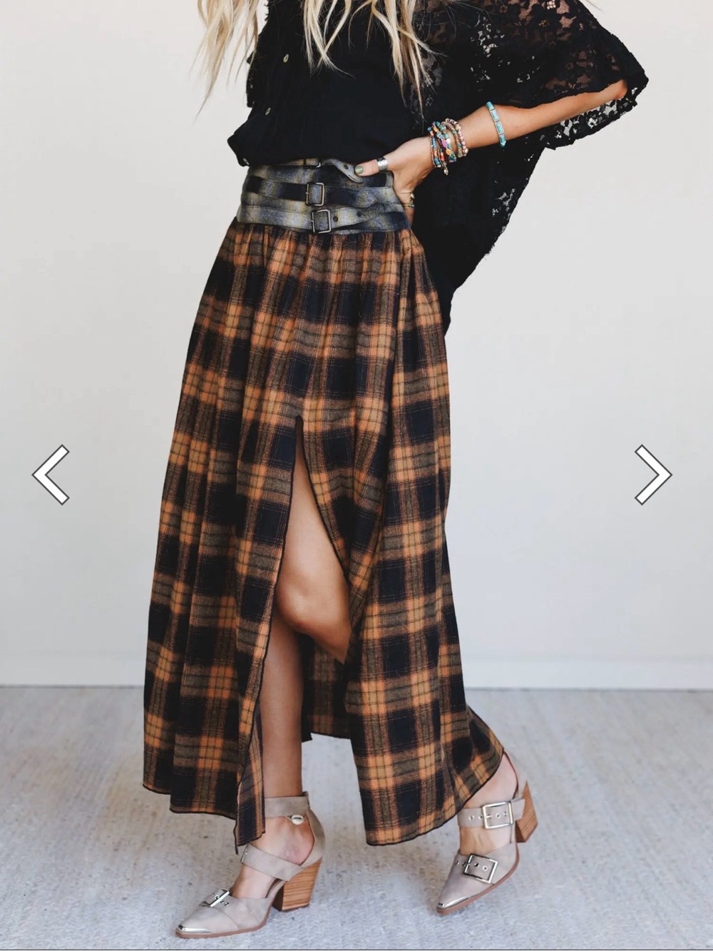 NWT Promesa Dusk Meadow Maxi Skirt Plaid High-Slit Black Tan Gray S